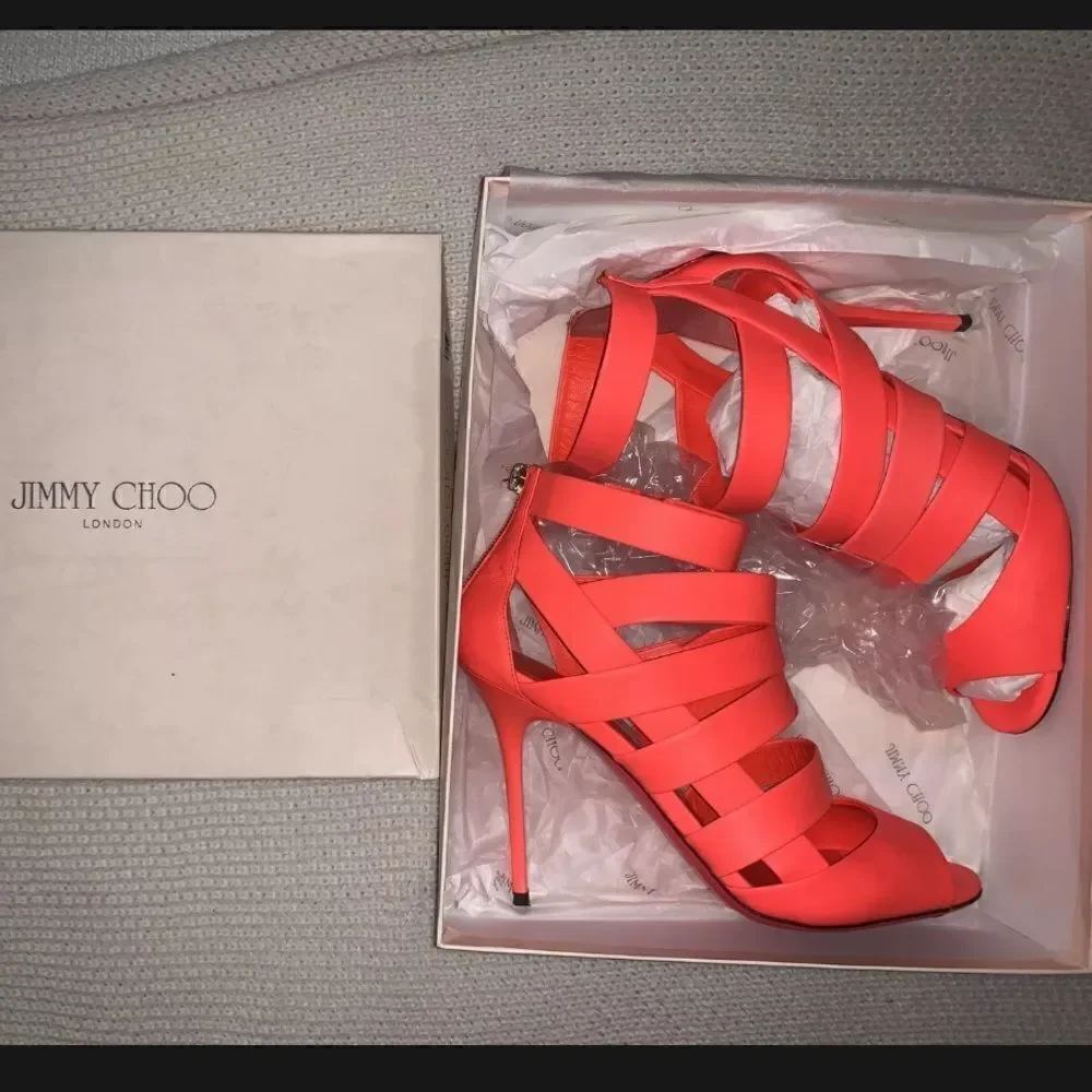 Jimmy Choo Dame Neon Matte Caged Heels Sandals